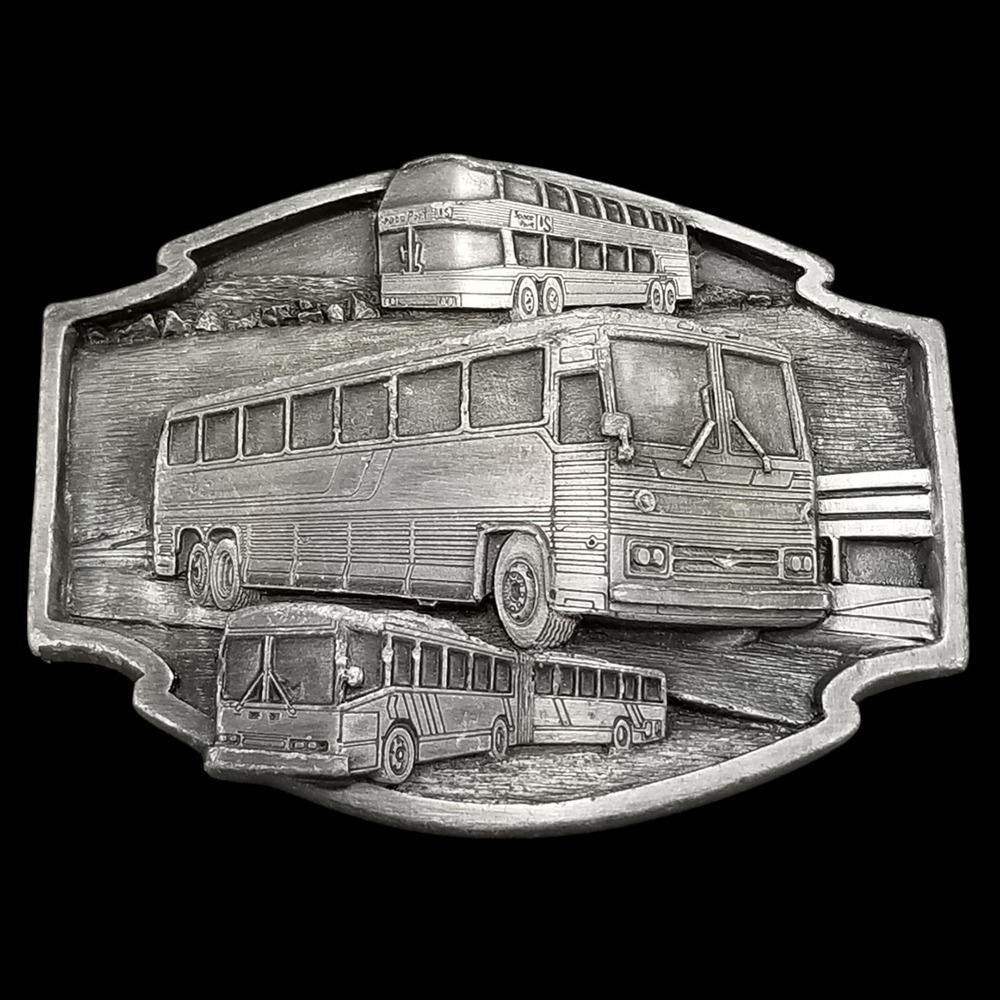 Vintage Buses Move The World Belt Buckle USA Made Pewter Novelty Transportation‎